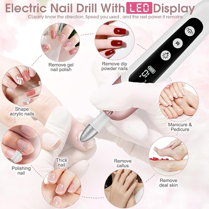 Cordless Electric Nail File Set, Professional Manicure Pedicure Kit, 10 Speed Portable Nail Drill Machine with Memory Modes, Pedicure Tools for feet, Hand Foot Care Tool for Thick Nail Toenail Cuticle