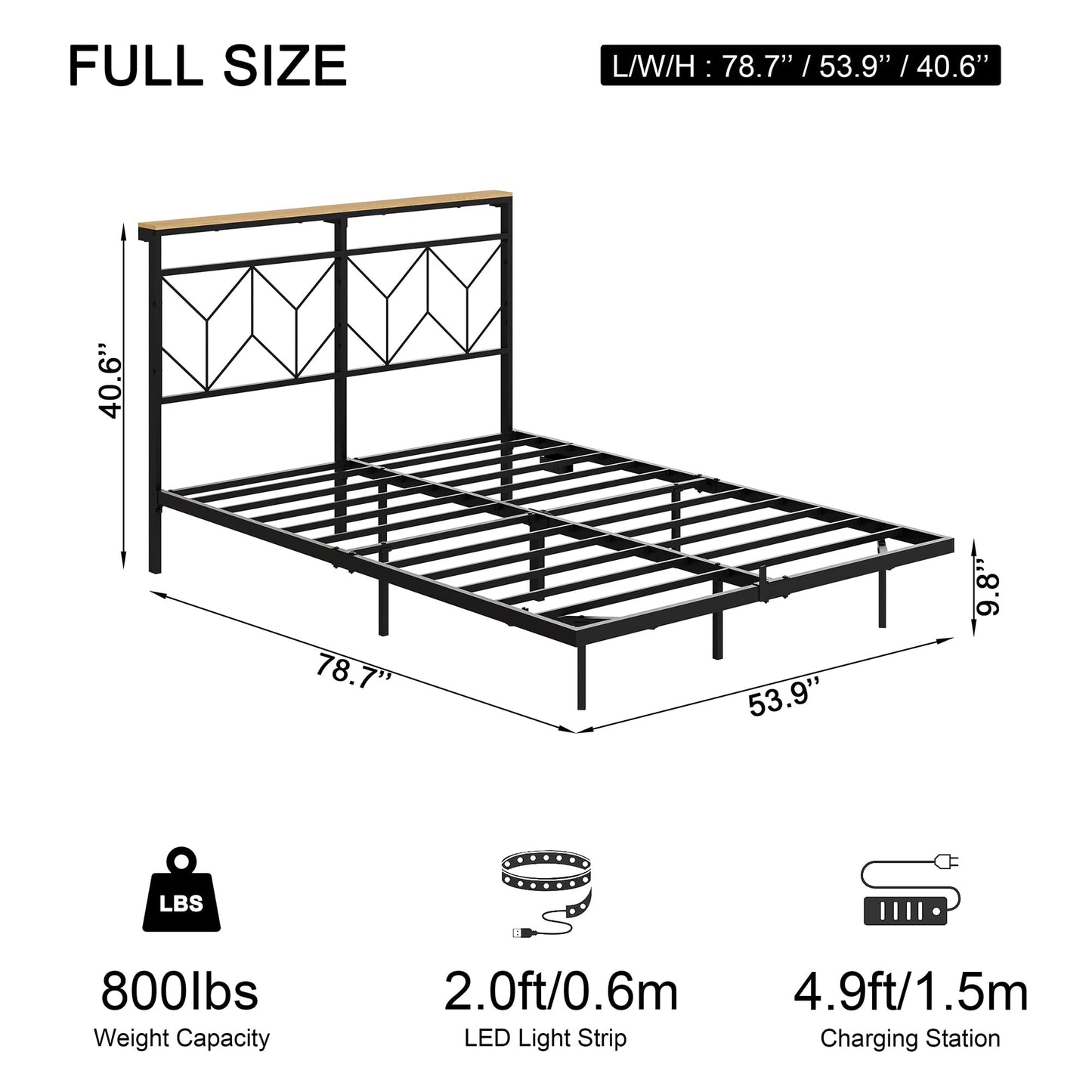 HAUSOURCE Full Size Floating Bed Frame with Storage Headboard Metal Platform Bed Frame with LED Lights and Charging Station Easy Assembly No Box Spring Needed