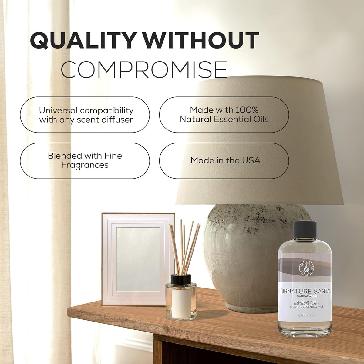 Aroma Country Signature Santal Diffuser Oil - Luxury Essential Oils for Diffuser Refill & Air Freshener Room Spray - Long-Lasting & Natural Home Fragrance, Sandalwood Scented Oil (8.5 Fl. oz)