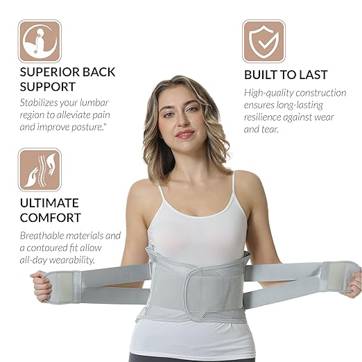 NeoTech Care Adjustable Double Pull Lumbar Brace/Lower Back Belt (Grey, Size S)