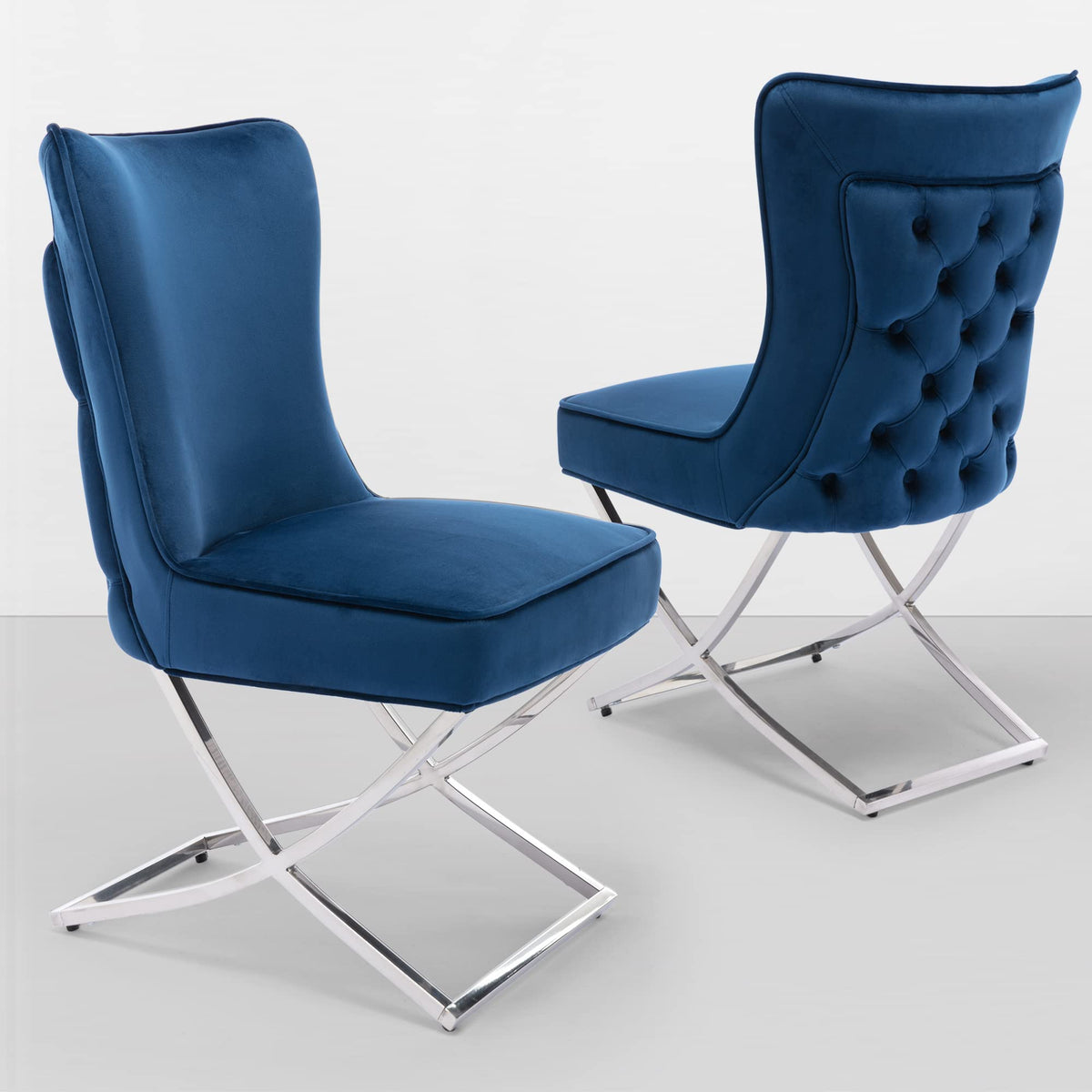LOULENS Elegance Velvet Dining Chairs Set of 2, Luxurious Upholstered Tufted Dining Room Chairs, Glam Royal Velvet Accent Chairs with Stainless Steel Legs, Dark Blue