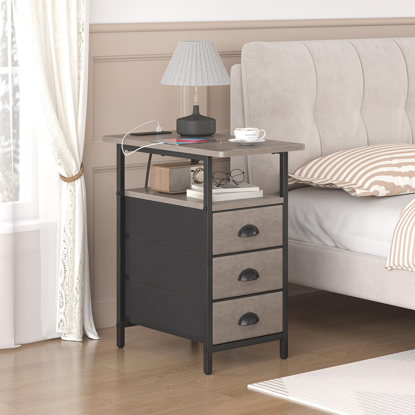 sthmec End Table with Charging Station, Side Tables Livingroom with USB Ports and Outlets,Narrow Nightstands Bedside Tables with 3 Drawers for Small Space,Slim Sofa Table Bedroom,Grey