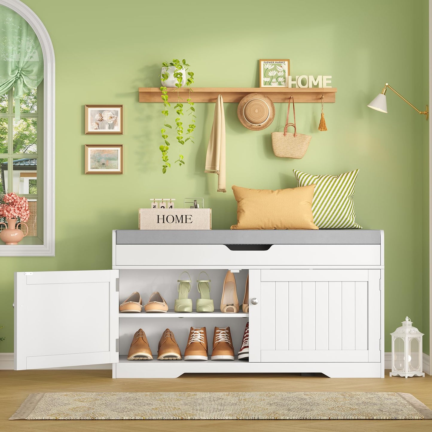 usikey Shoe Bench with Lift Top Storage, Entryway Bench with Padded Seat Cushion, Shoe Storage Bench with 2 Adjustable Shelves, for Entryway, Living Room, Bedroom, White