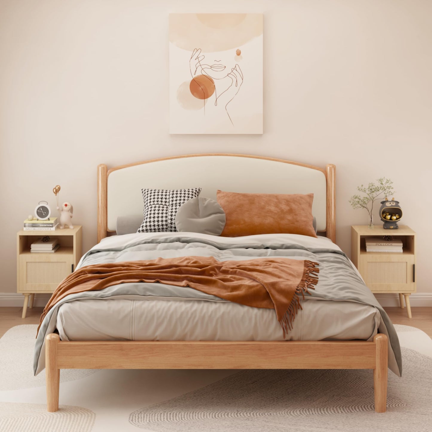 SweetGO corporation Rattan Nightstand, Side Table with Door Open Shelf, Accent Bedside End Table with Solid Wood Legs for Bedroom, Dorm and Small Spaces