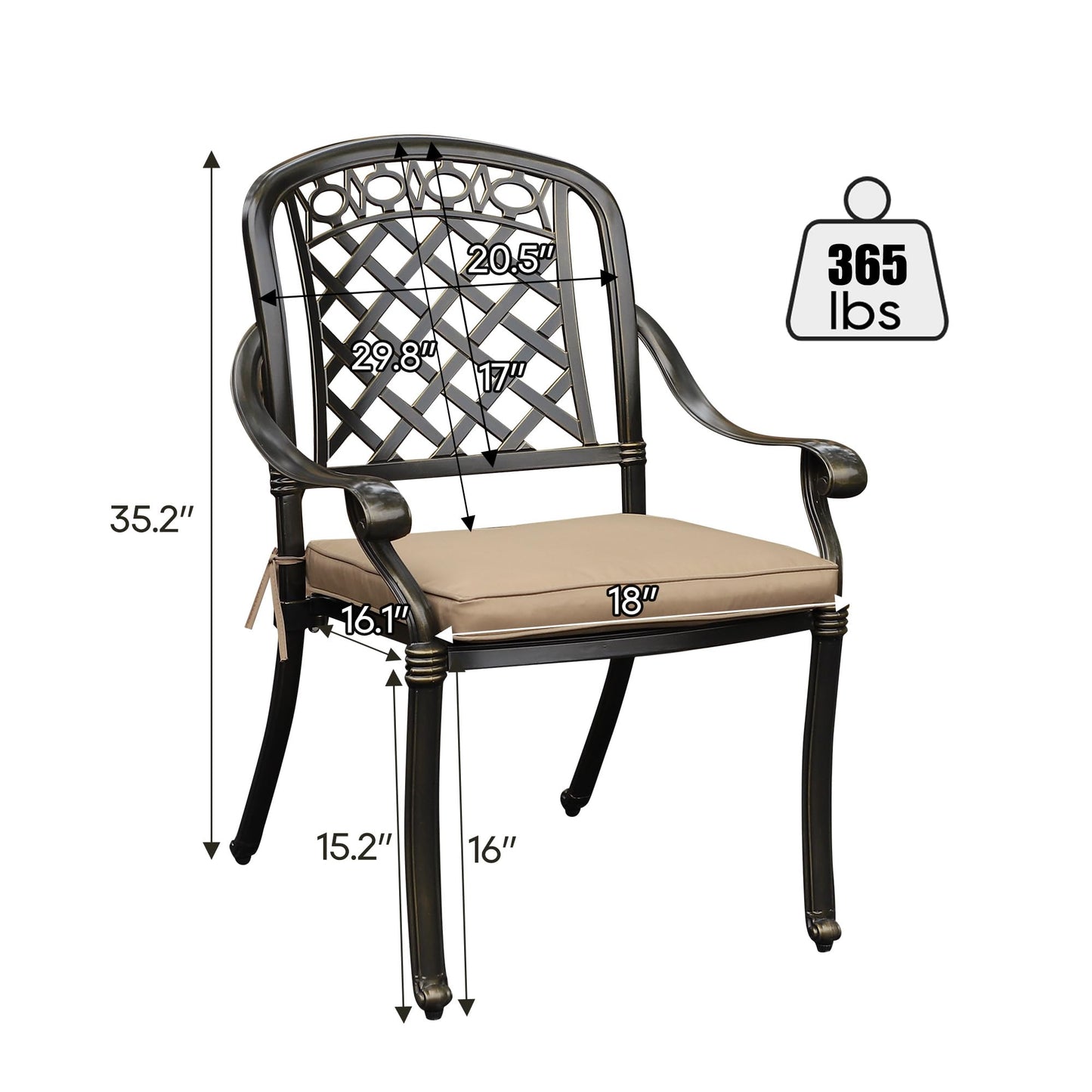 Sumshadow 2-PCS Cast Aluminum Patio Dining Chairs, All Weather Patio Bistro Dining Chairs Set of 2 with Armrests & Cushion, Stackable Patio Dining Chairs for Garden, Balcony, Deck, Bronze