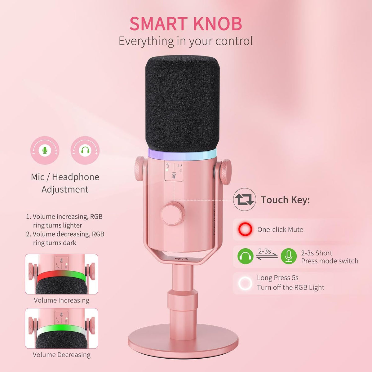 FEELWORLD PM1 Pink XLR USB Metal Podcast Dynamic Microphone with Desktop