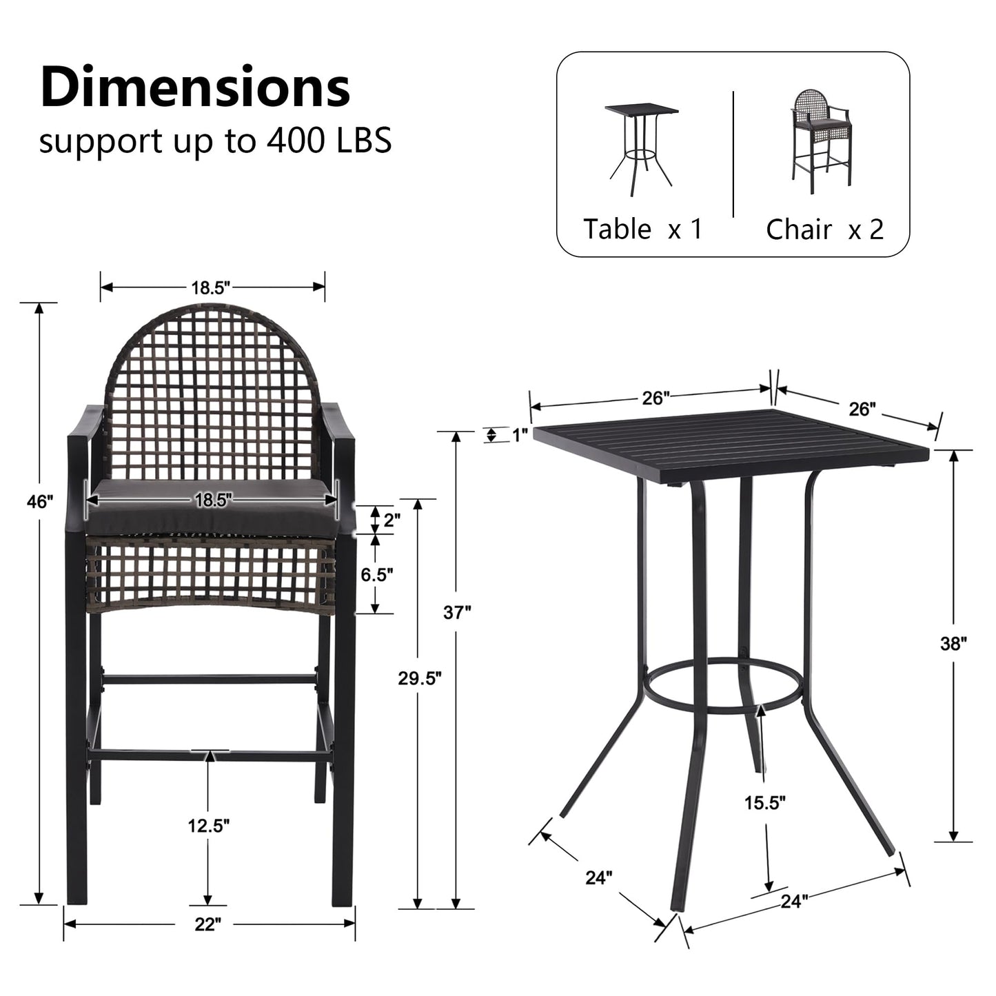 DAYARUS 3 Piece Outdoor Patio Bar Set, Modern Patio Furniture Set, 29.5" Wicker Bar Height Patio Bistro Set, Bar Height Patio Set with Cushions, Outdoor High Top Table and Chairs for Balcony, Gray