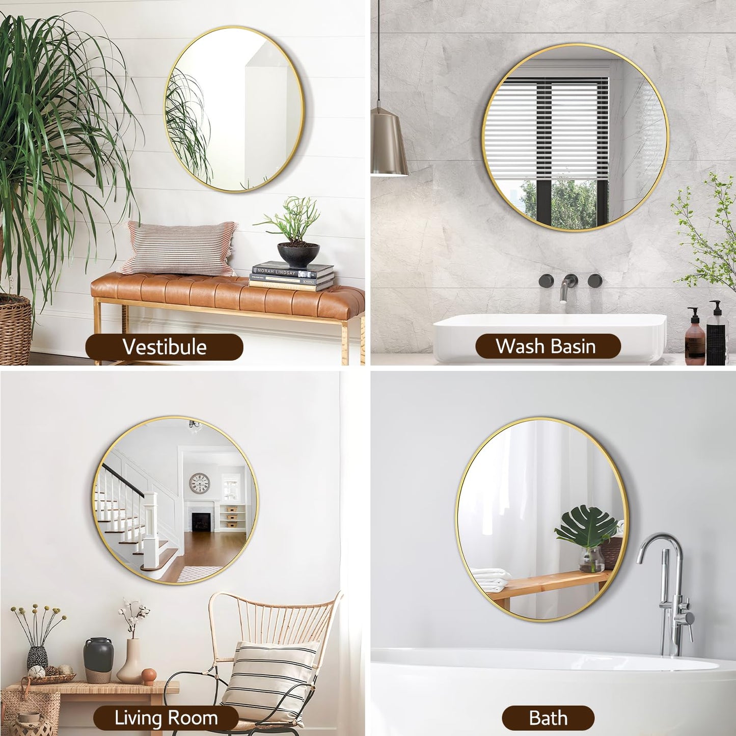 PUZONJIG Round Mirror 24 Inch Gold Round Bathroom Mirror Wall Mirror Brushed Metal Frame Anti-Rust Tempered Glass for Bathroom Bedroom Entryway Living Room