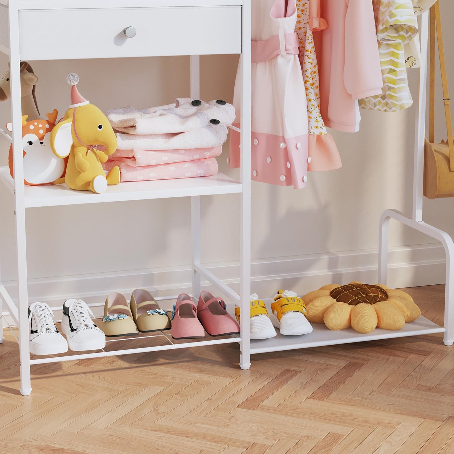 BBLIKE Kids Clothing Rack - Baby Clothes Organizer with Bottom Storage Shelf, Garment Rack With Storage Box for Hanging Clothes, Coats, Skirts, White
