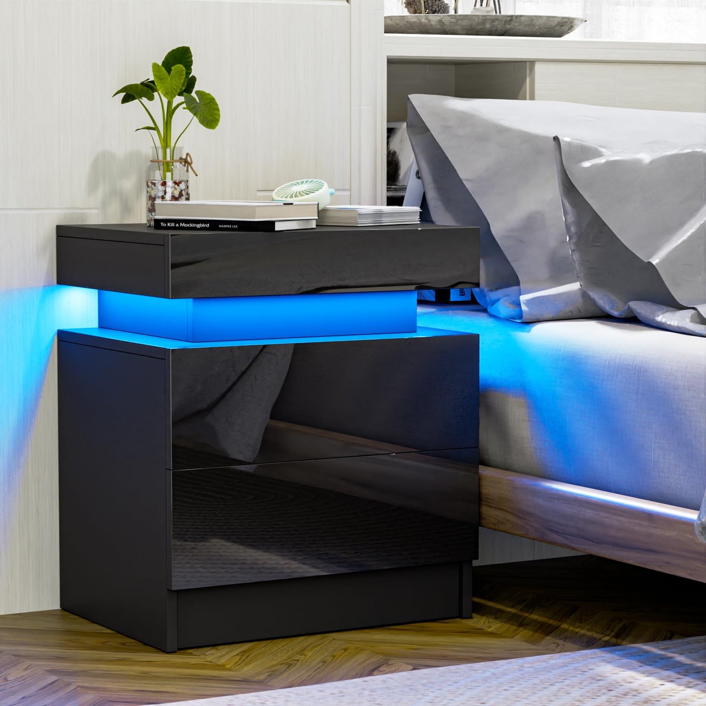 HOMMPA LED Nightstand - Modern Black Night Stand with 2 High Gloss Drawers - 20.5' Tall