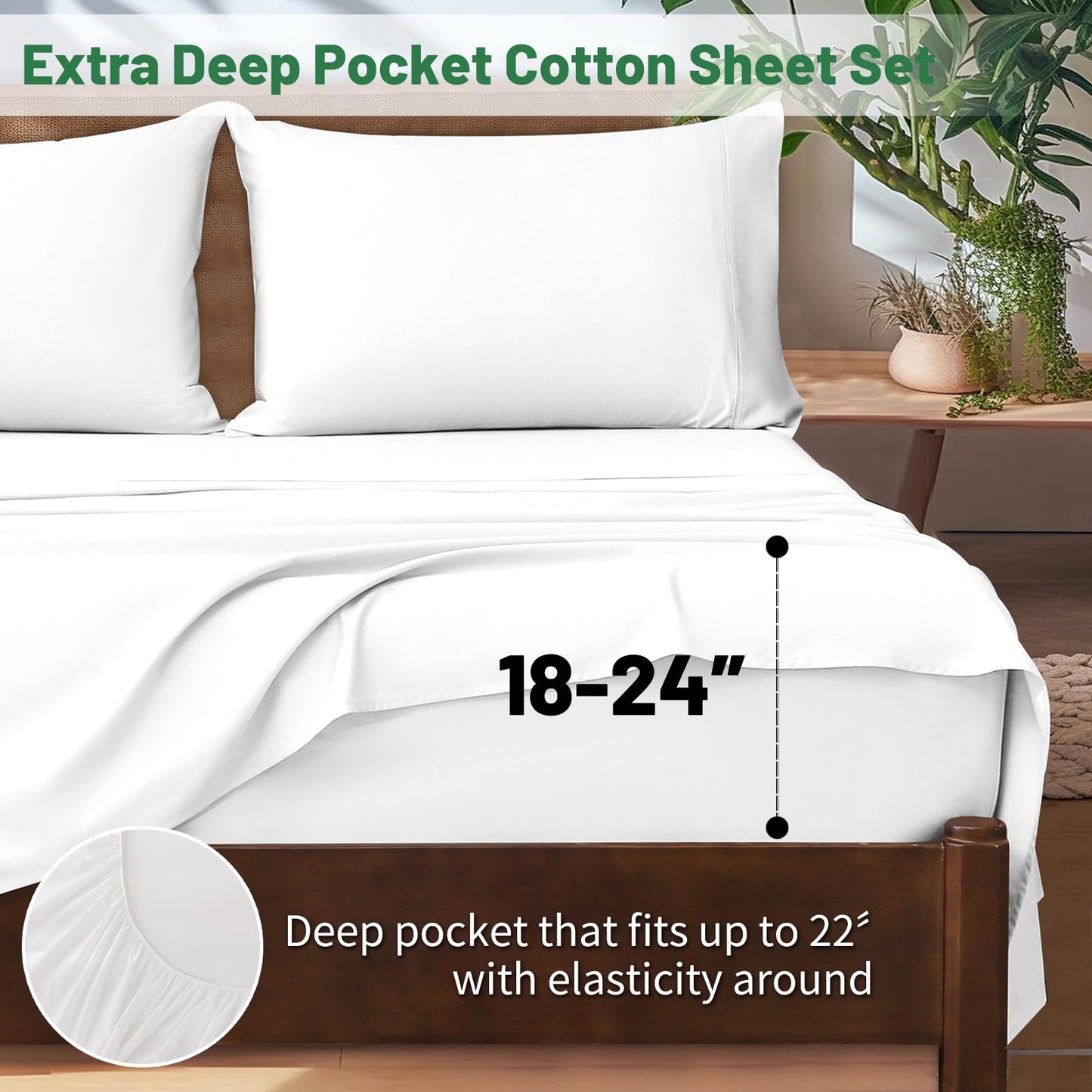 Overket Extra Deep Pocket Queen Sheets 18-24 Inch 1000 Thread Count 100% Egyptian Cotton Sateen Weave Soft Breathable 4 Pieces（Queen,White）