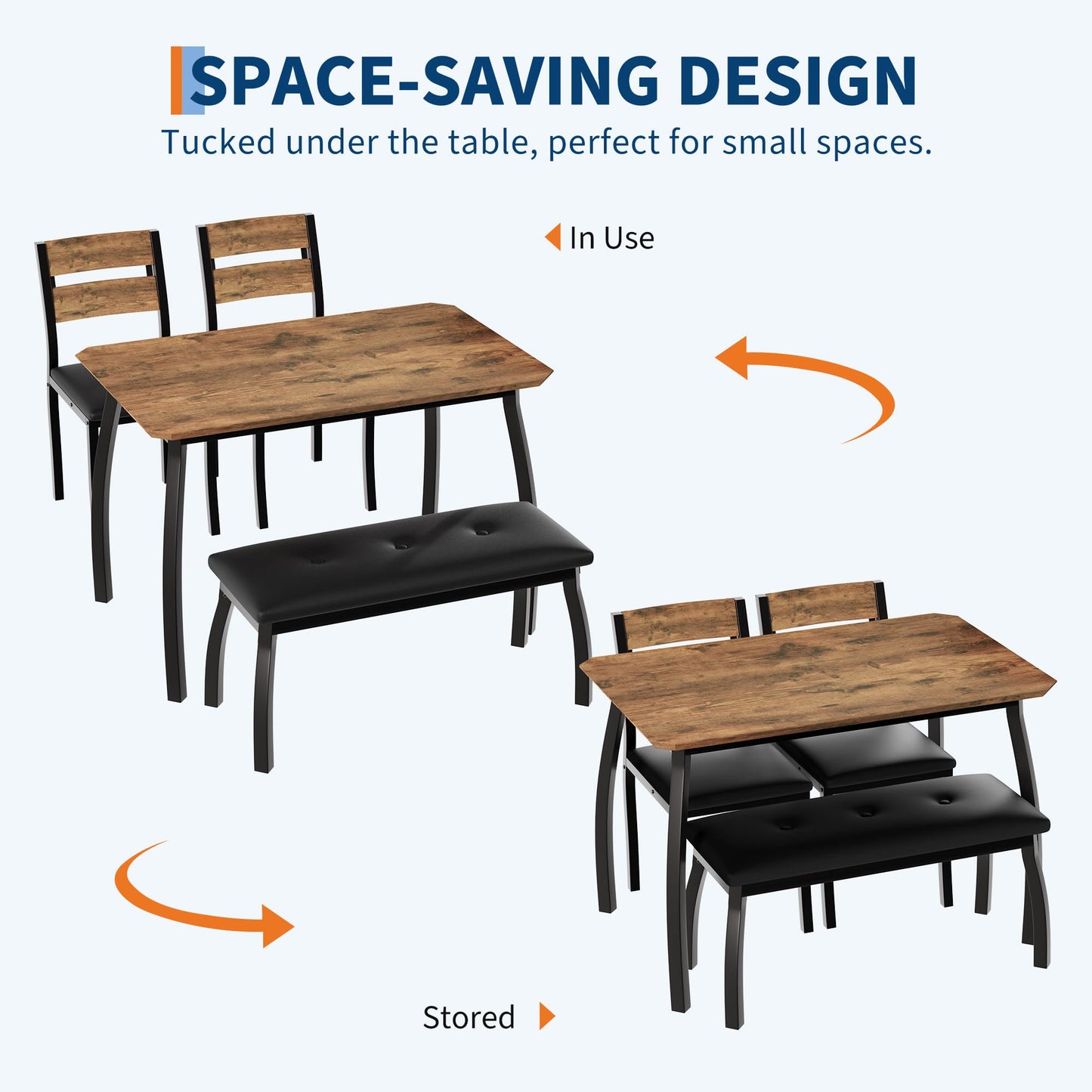 GAOMON Kitchen Table Set for 4, 4-Piece Dining Table with 2 Chairs and PU Upholstered Bench - Cutting Corner Tabletop Design, Space-Saving Kitchen Furniture for Studio, Restaurant, Retro