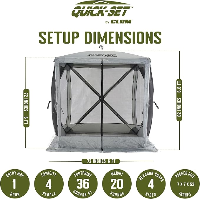 CLAM Quick Set Traveler 6 x 6 Ft Portable Outdoor 4 Sided Canopy, Gray + CLAM Quick Set Screen Hub Tent Wind & Sun Panels, Accessory Only, Gray