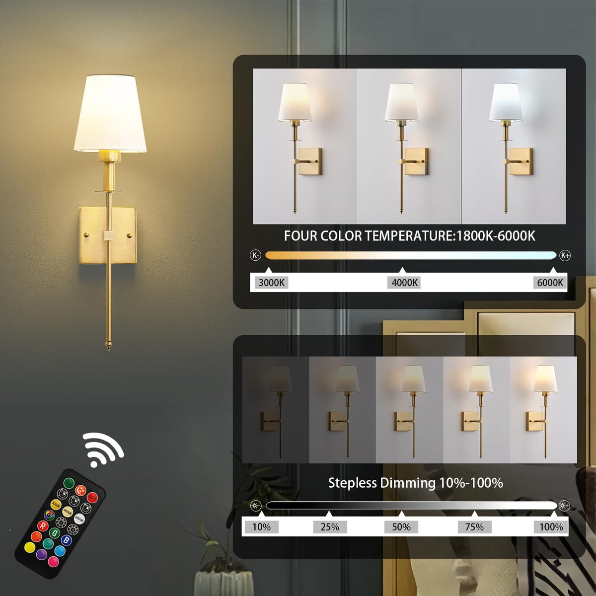 KARTOOSH Battery Operated Wall Sconce Set of Two, Rechargeable Wireless Wall Lights with Remote Control,Dimmable,3000K/4000K/6000K, RGB,Timer, No Wired Sconces for Bedroom,Living Room,Fireplace,Brass