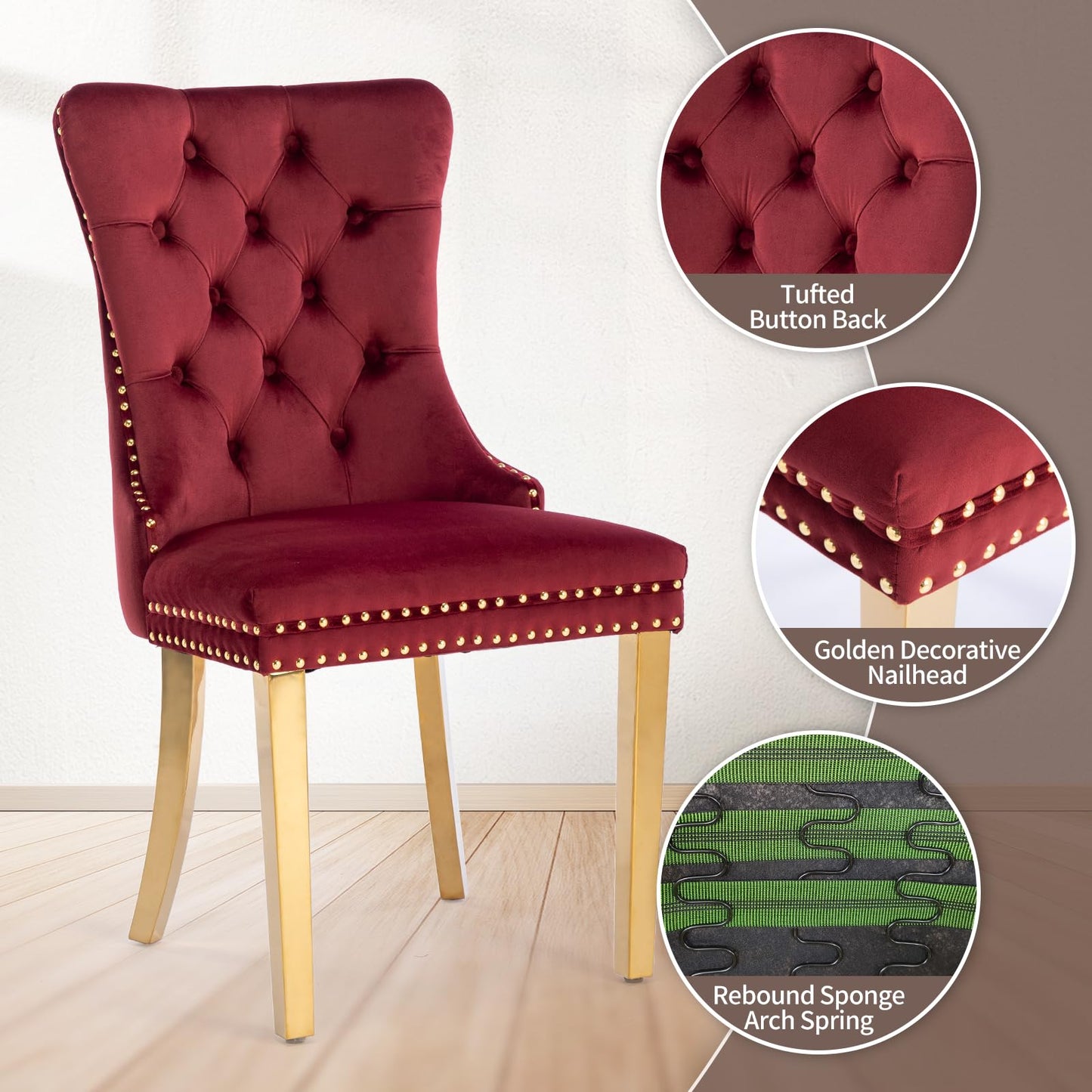 MZDOO Velvet Dining Chairs Set of 6, Tufted Upholstered Dining Room Chairs with Back Ring Pull, Nailhead Trim and Golden Legs, Modern Dinning Chairs for Dining Room, Kitchen(Wine Red)