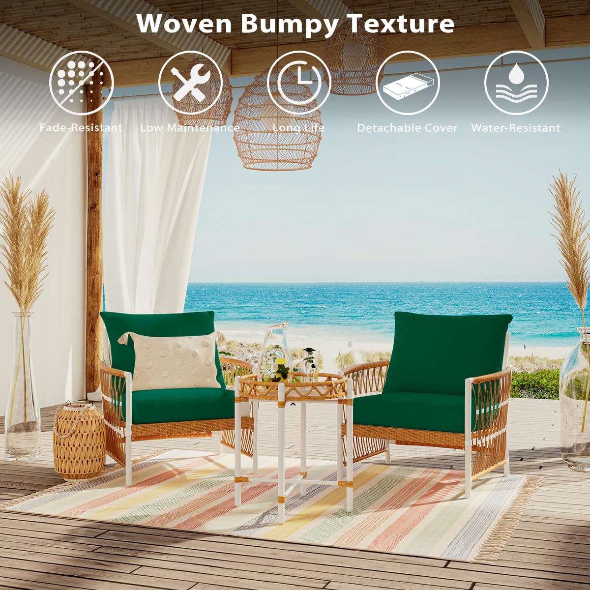 Sundale Outdoor Olefin Deep Seat Cushion, Patio Chair Cushion and Pillow, Water-Resistant Sectional Sofa Pad with Straps Dark Green, 24 x 24 x 4 Inches