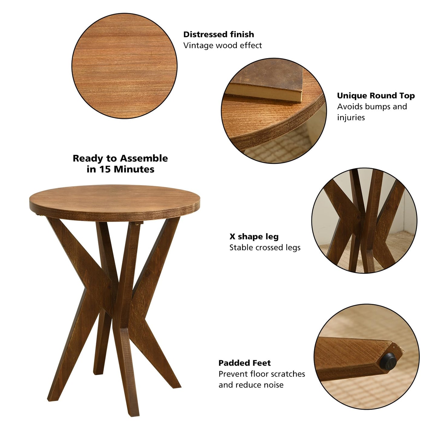 Ahokua Farmhouse End Table with Solid Wood Crossed Legs Round Boho Side Table Mid Century Modern Small Accent Table for Small Space Stable Nightstand for Living Room, Natural Wood