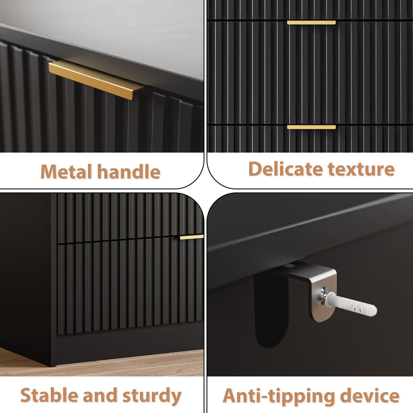 MAISONARIA Black Fluted Dresser for Bedroom, 32 Inch Wide Nightstand with Large Drawer, 3 Drawer End Table for Bedroom, Living Rooms, Offices, and Entryways