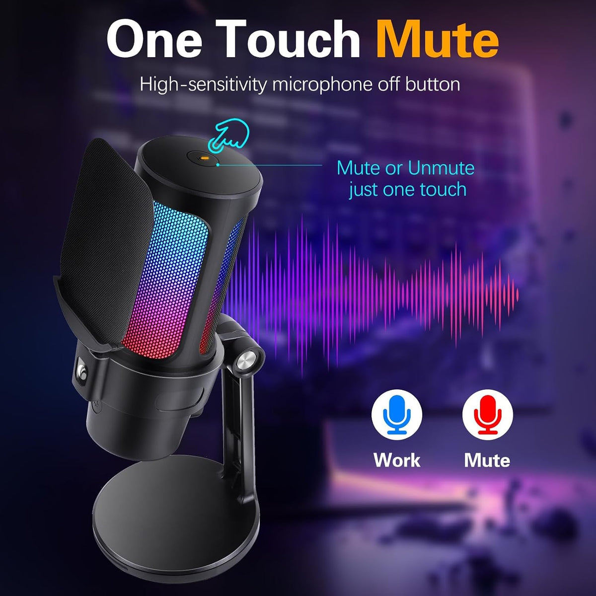 VCOM Gaming USB Microphone, Condenser Dynamic Mic for Podcasting, Streaming, with Quick Mute, Desktop Stand, Pop Filter, RGB Indicator, Shock Mount, Rotate gain Button, Compatible with PS4/5/PC