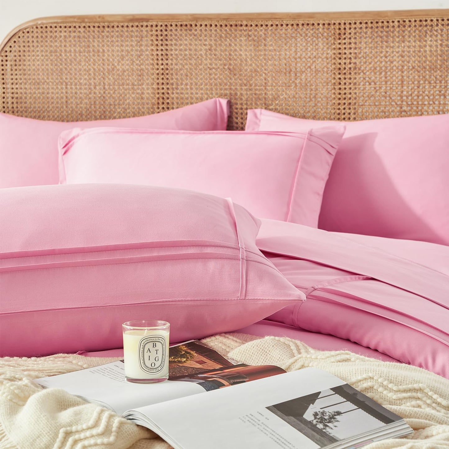 Yogeneg Full Size Comforter Set 7 Piece Bed in a Bag,Grid Pinch Pleat Pink Bedding Set,Striped Textured Soft Microfiber Comforter with Sheet Set,All Season Complete Bed Set(Pink,Full)
