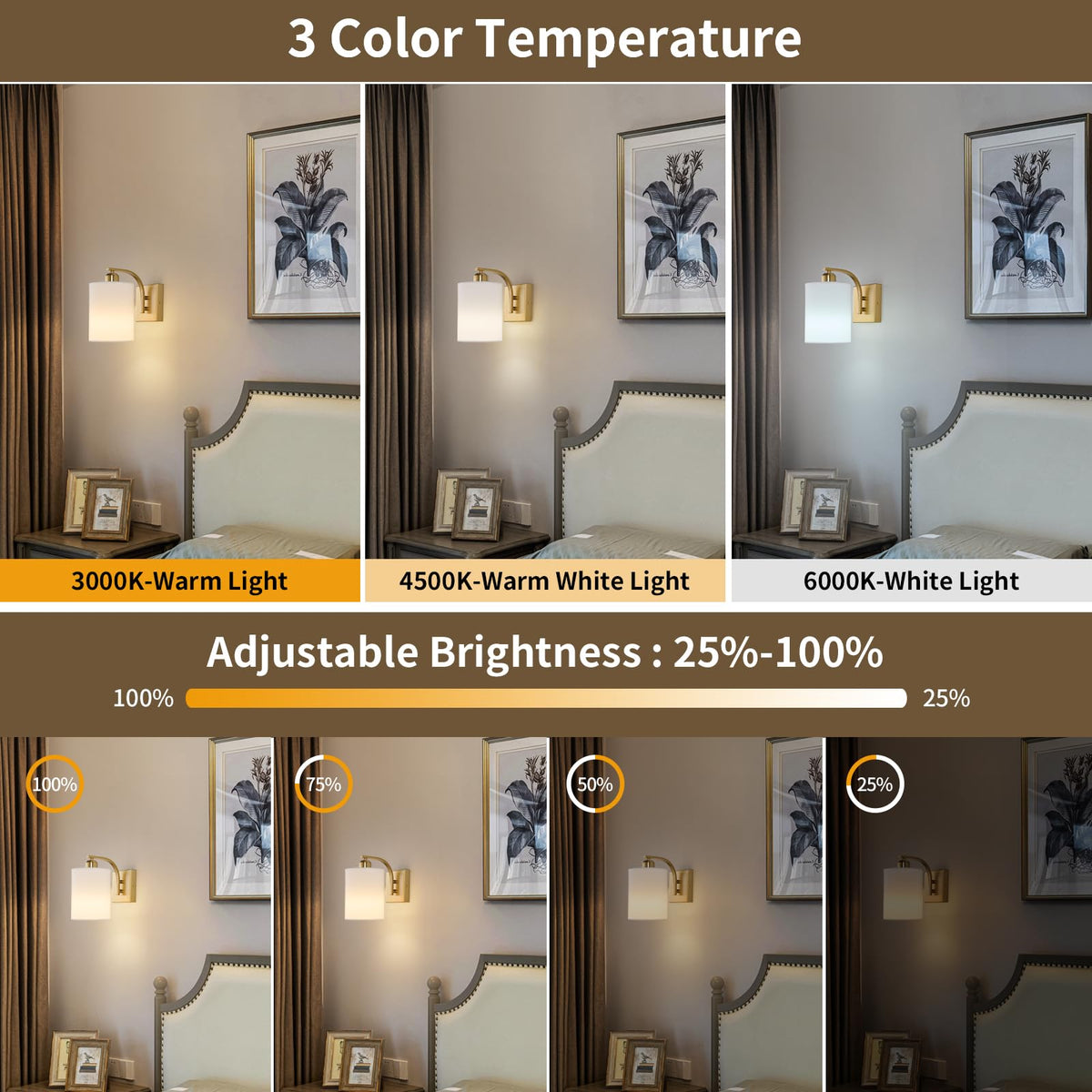 Powfloven Gold Rechargeable Battery Operated Wall Sconces Set of 2 with Remote, Wireless Dimmable Battery Powered LED Wall Lights, Cordless Wall Lighting Lamp Fixture for Bedroom Living Room