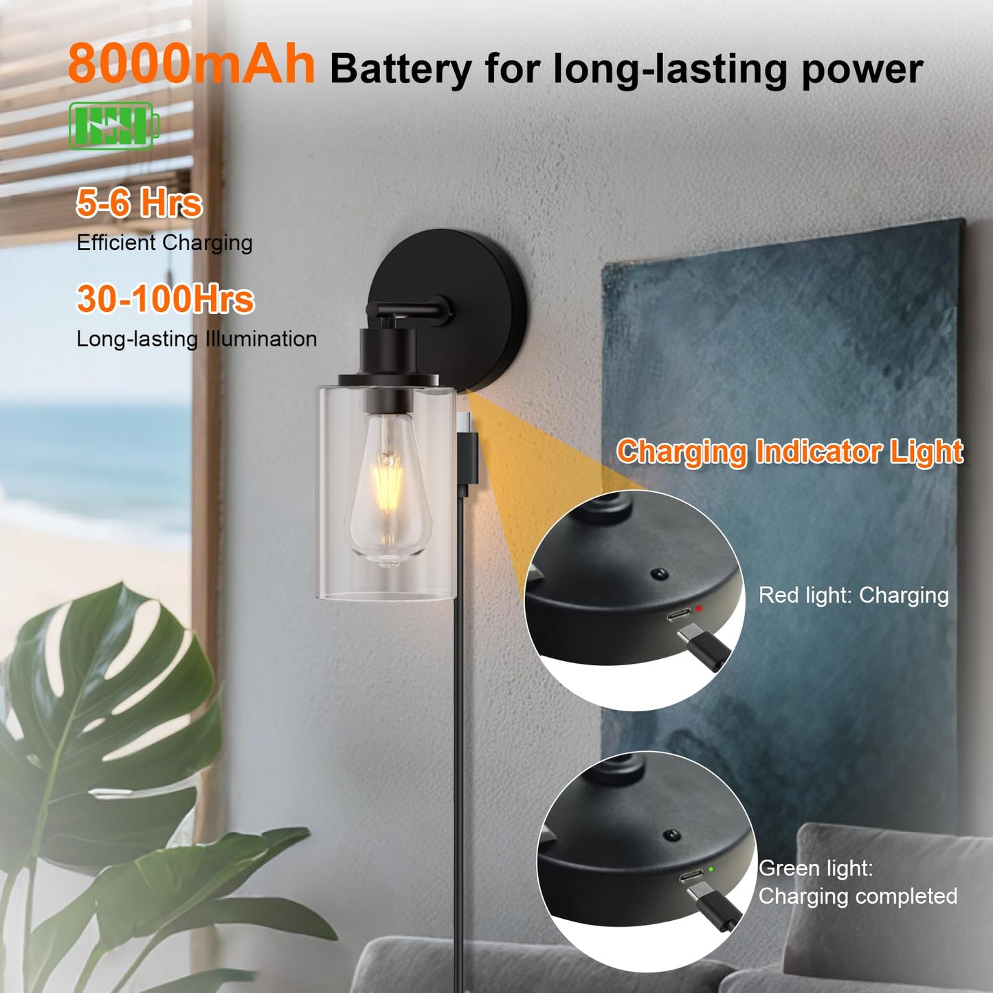 Battery Operated Wall Sconce Set of 2, Rechargeable Wall Sconce Lights with Remote, 3 Color Temperature Dimmable, E26 Edison Bulbs Magnetic Indoor Wireless Wall Lamp for Bedroom Bathroom Hallway-Black