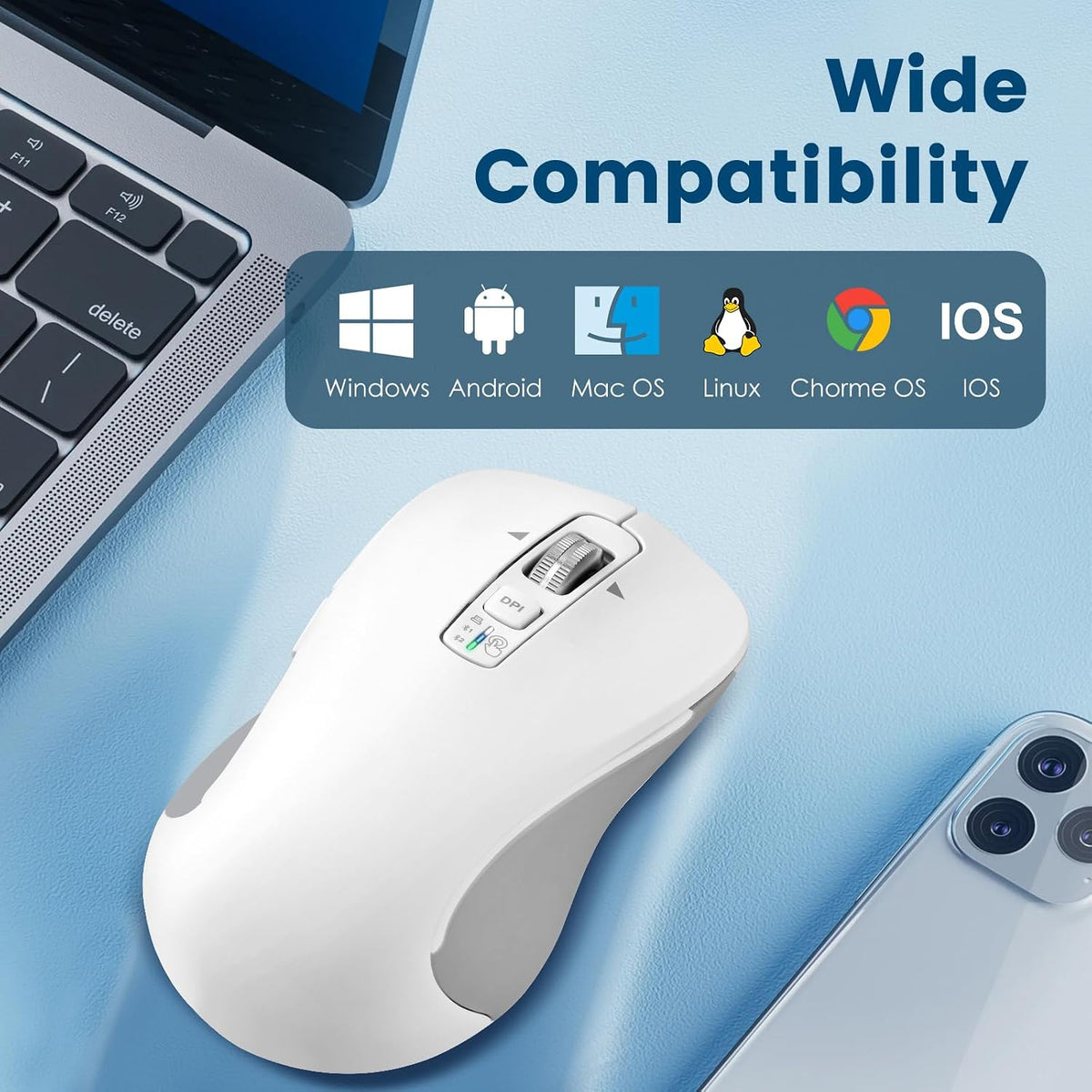 CITLLA Wireless Bluetooth Mouse (USB + BT1 + BT2), Full Size, 4-Way Scrolling, Multi-Device Silent Mouse for Computer, Laptop, iPad, MacBook (White)