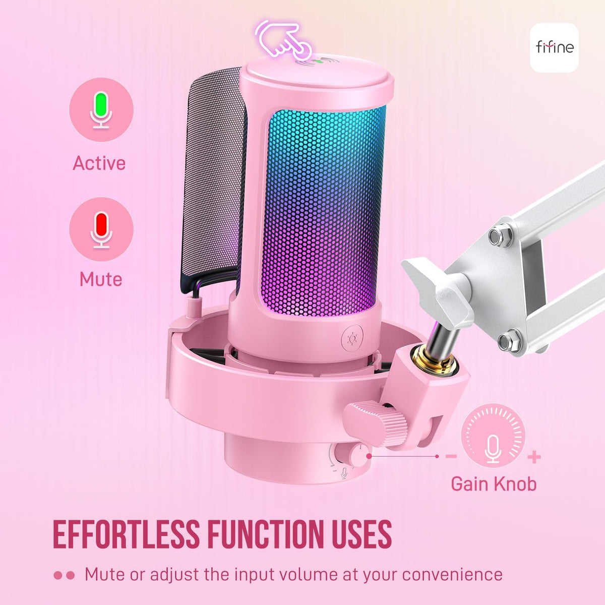 FIFINE A8T Pink USB Condenser Gaming Microphone, RGB Boom Arm Mic for PC
