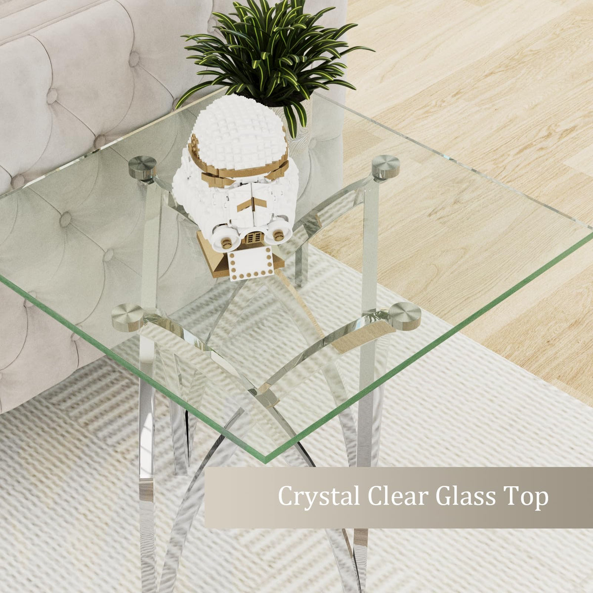 AUZ Glass End Table, 24" Square Side Table with Silver Crown Base for Home, Office