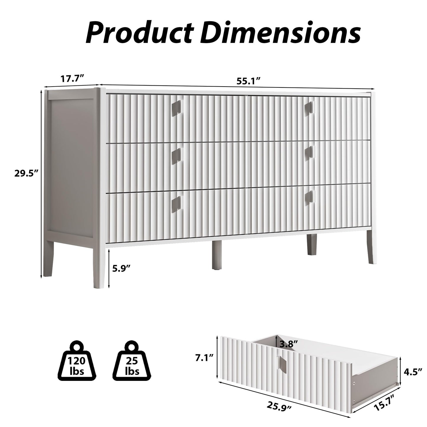 MAISONARIA White 6 Drawer Dresser for Bedroom, Modern Wood Dresser, Fluted Design Double Chest of Drawers with Wood Legs, TV Stand Storage Cabinet for Bedroom, Living Rooms, Offices, and Entryways