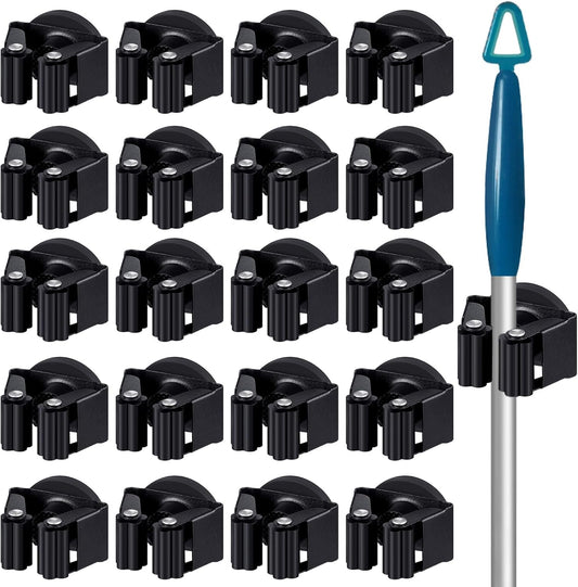 20 Pcs Magnetic Mop Broom Holder Movable Magnetic Broom Holder Rack, Anti Slip Wall Mounted Utility for Cleaning Tools, Garage, Kitchen, Laundry, Garden (Black)