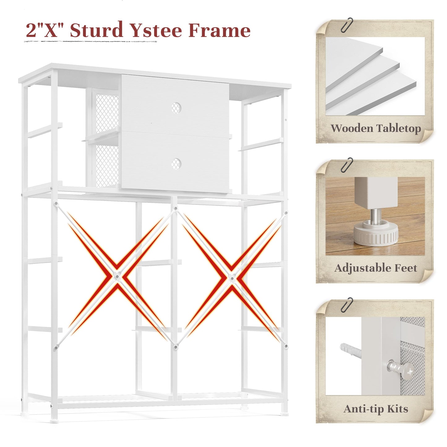 Romorgniz White Dressers for Bedroom with 10 Drawers, Tall Dressers & Chests of Drawers with Large Metal Mesh Door, Closet, Hallway 48.2" H x 38.1" W x 11.8" D