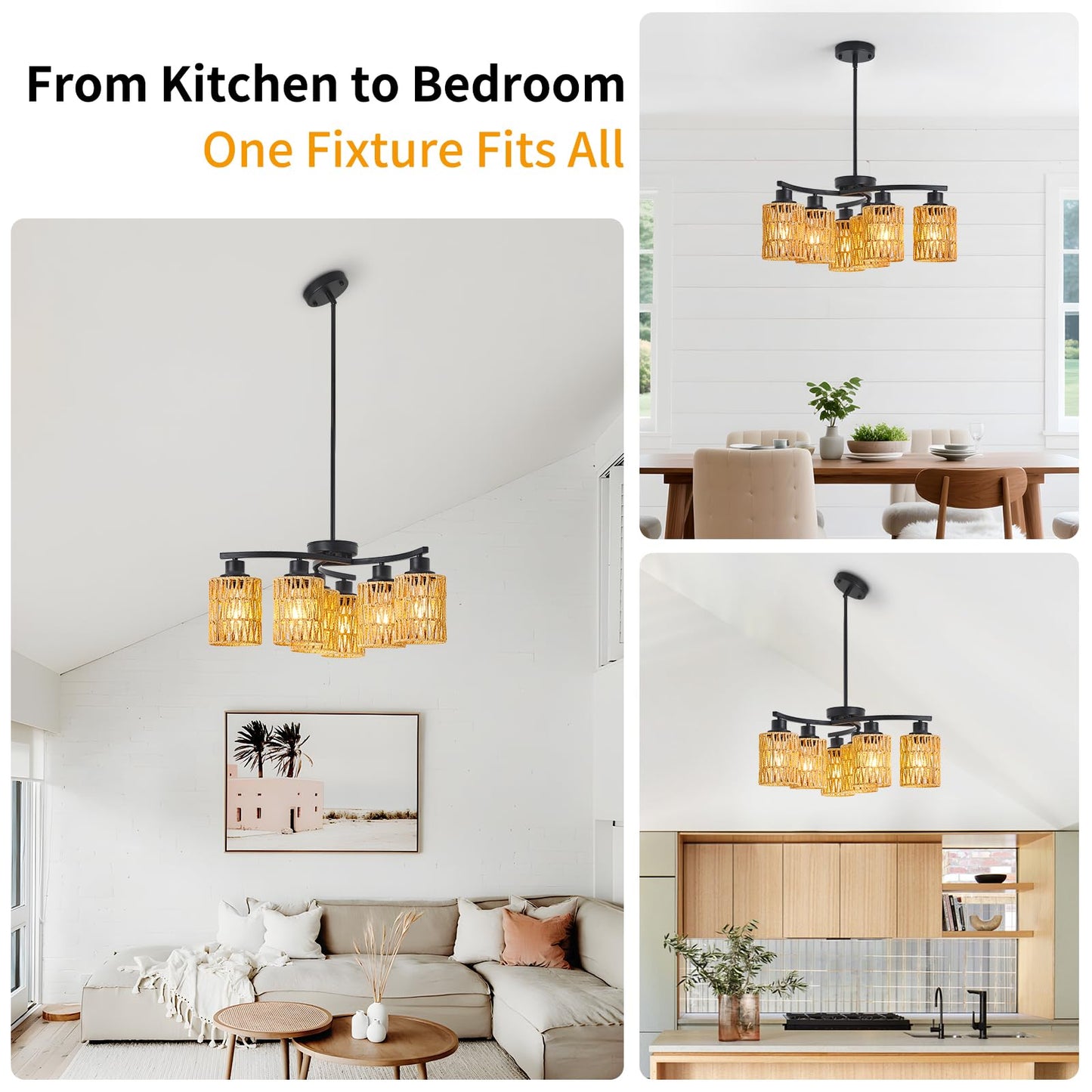 AIBISOD 6-Light Black Chandelier, 6-Light Farmhouse Boho Rattan Chandelier Dining Room Light Fixtures Over Table, Hand-Woven Wicker Shade, Adjustable Height for Dining Room Kitchen Island, E26 Base