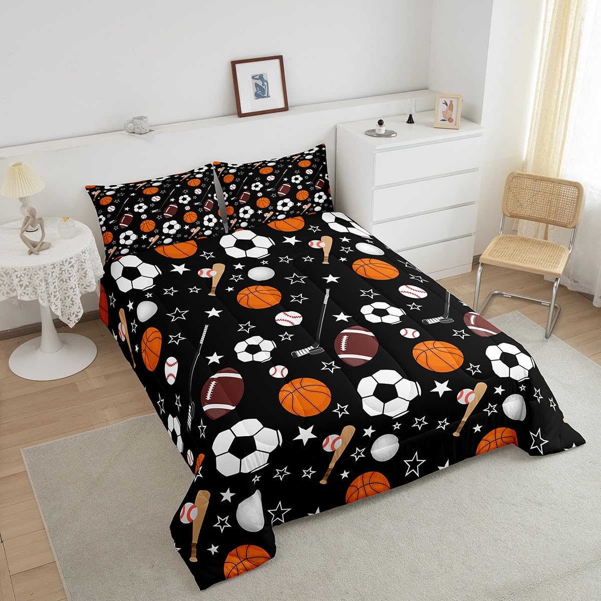 Feelyou Sports Theme Bedding Set Twin Size Basketball Football Baseball Hockey Comforter Set for Kids Boys Girls Teens Toddler Ball Games Duvet Set Black Quilt Set 2Pcs