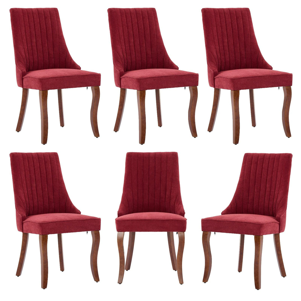 BEIDOR Dining Chairs Set of 6,Comfy Fabric Upholstered Accent Chairs for Kitchen Living Room,Channel Tufted Dining Room Chairs with Curved Solid Wood Legs(Wine Red)