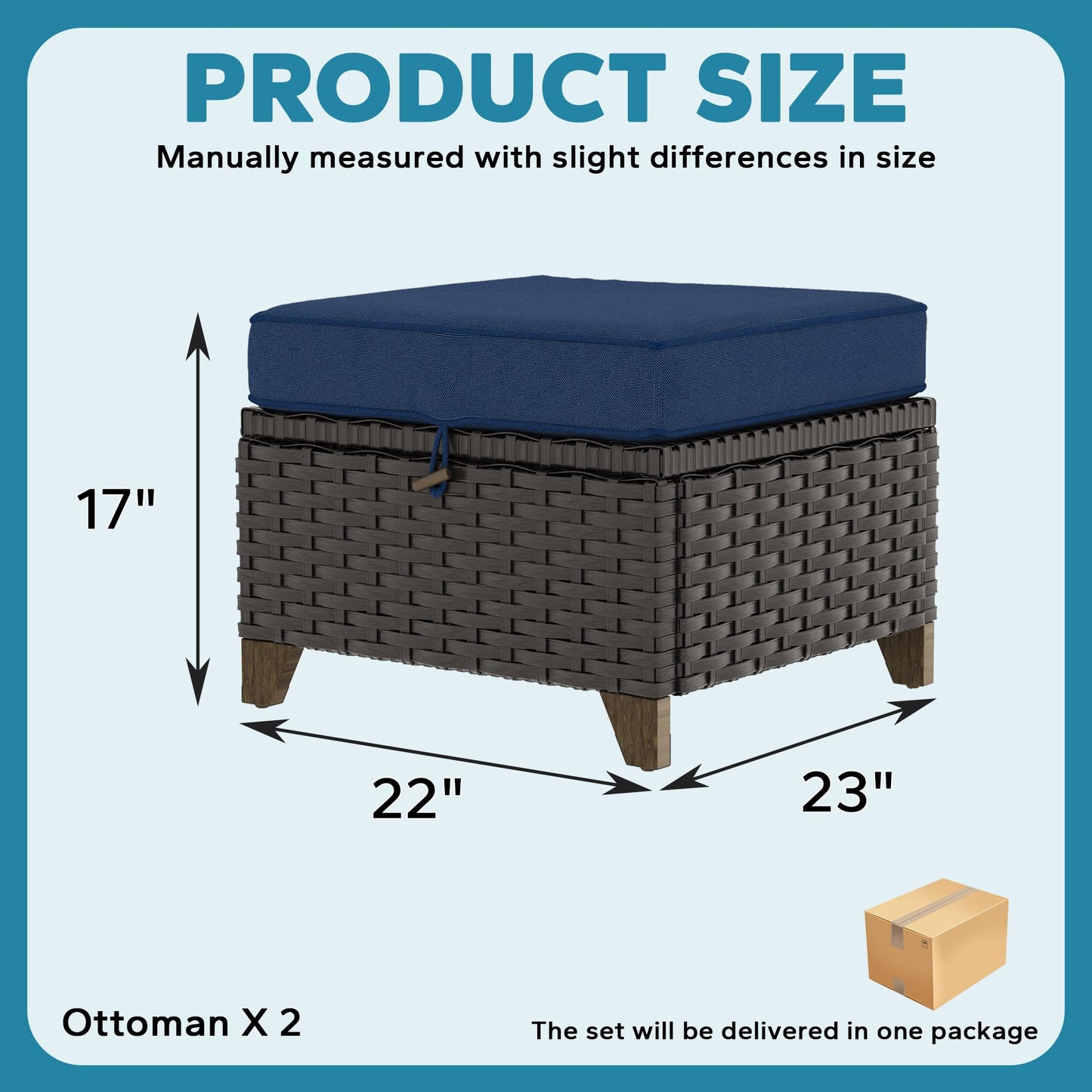 MeetLeisure 2 Pieces Patio Outdoor Ottomans with Removable and Washable Covers，PE Rattan Wicker Footstools for Porch, Garden, Sunroom (Navy Blue)