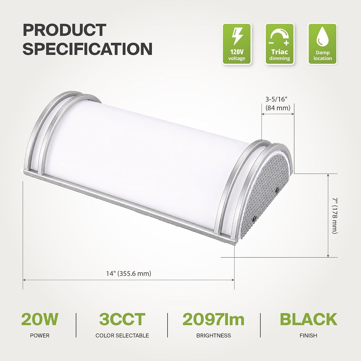 ASD Indoor LED Wall Sconce Lights, Black 3000/4000/5000K ETL
