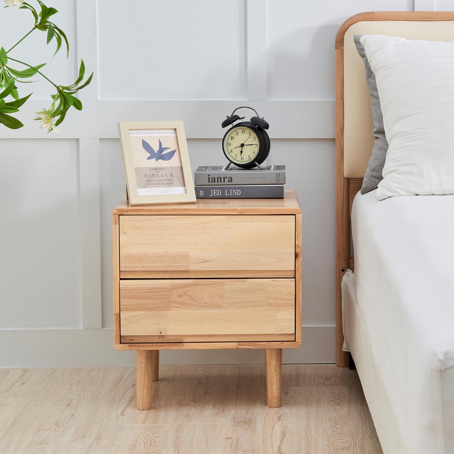 Small Solid Wood Nightstand with Drawers - Mid Century Modern 2 Drawer Wood Narrow Nightstand Side Bedside End Table with Storage for Living Room Bedroom Office, Natural, 15.7" D x 17.1" W x 19.6" H