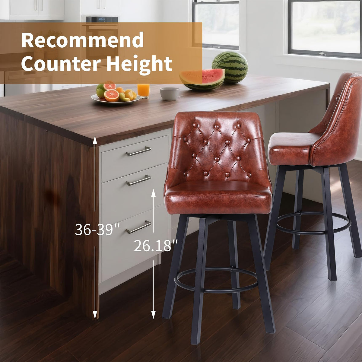 ralex-chair Swivel Counter Height Barstools Set of 4, 26’’H Modern Counter Stools with Metal Legs,Faux Leather Upholstered Bar Stools with Back for Kitchen Island, Dining Room, Pub - Brown