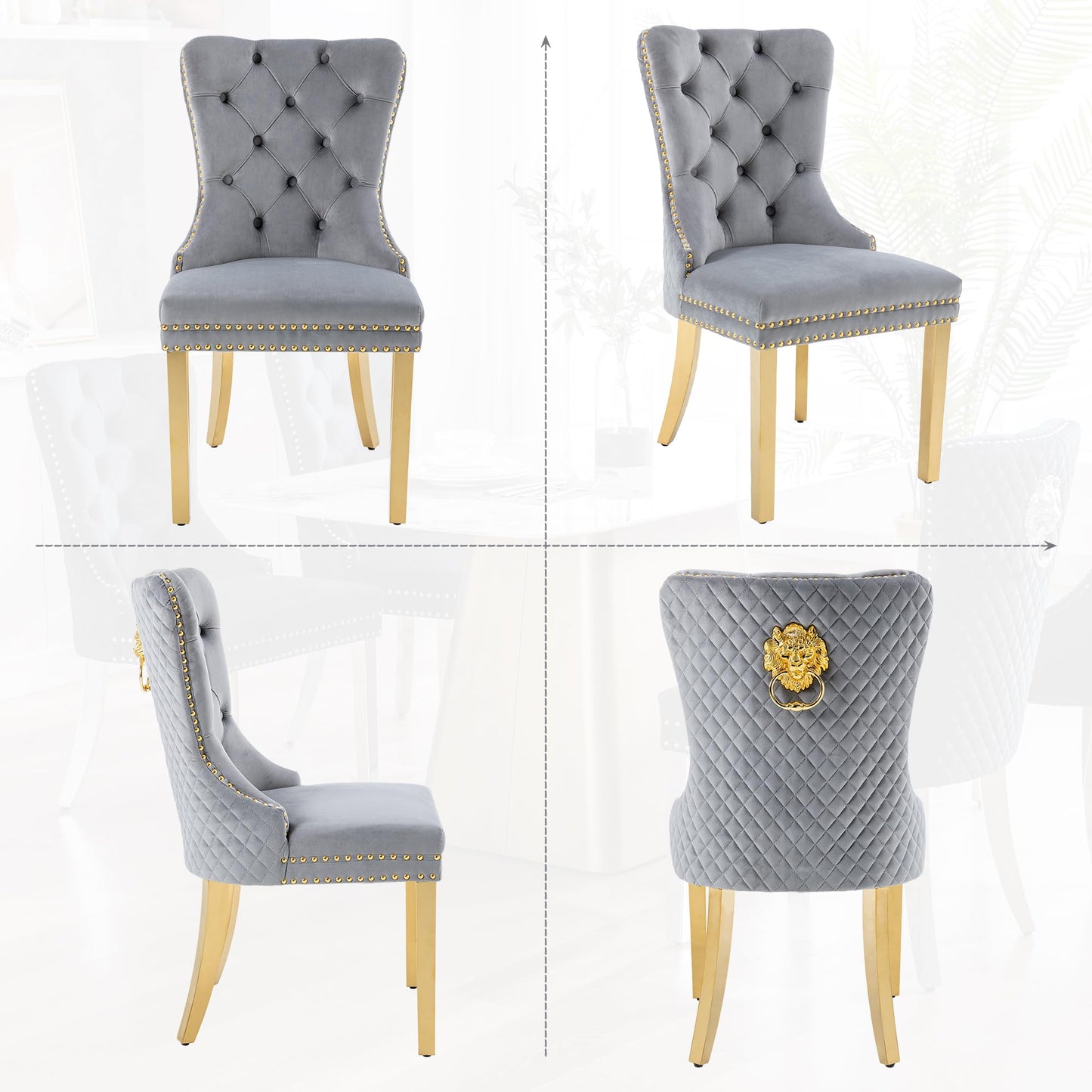GOOLON Velvet Dining Chairs Set of 4, Upholstered Dining Room Chairs, Mid-Century Modern Chairs with Diamond Lattice Tufted Back, Lion Pull Ring Rivet Trim, Golden Metal Legs for Kitchen, Light Grey