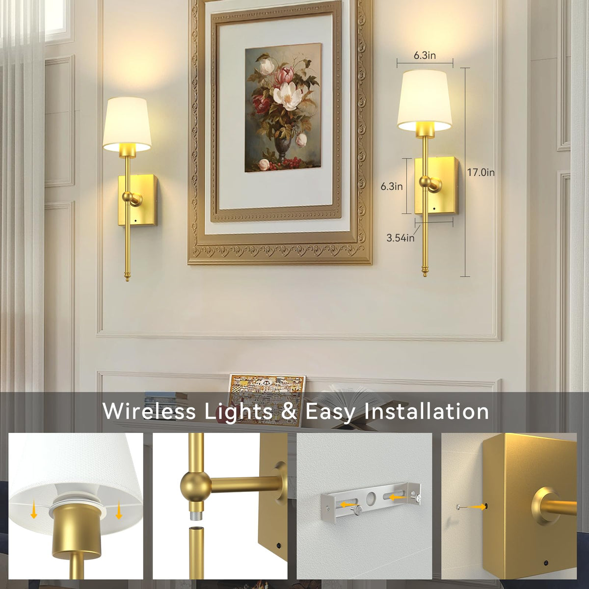 Battery-Operated Wall Sconces Set of 2: 6000mAh Rechargeable Wall Lights with Remote Control, Wireless Battery Powered Wall Lamp Wall Scone for Living Room Bedroom Hallway Bathroom (Gold)