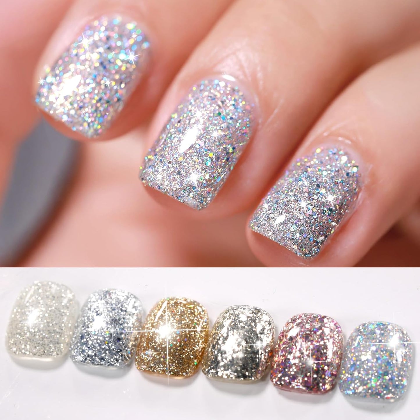 Born Pretty Glitter Gel Nail Polish Super Sparkly Shine Glitter Sequins Gel Polish Gold Silver Champagne Gold Gel Polish Kit DIY at Home Valentine's Day Gift Collection 6PCS