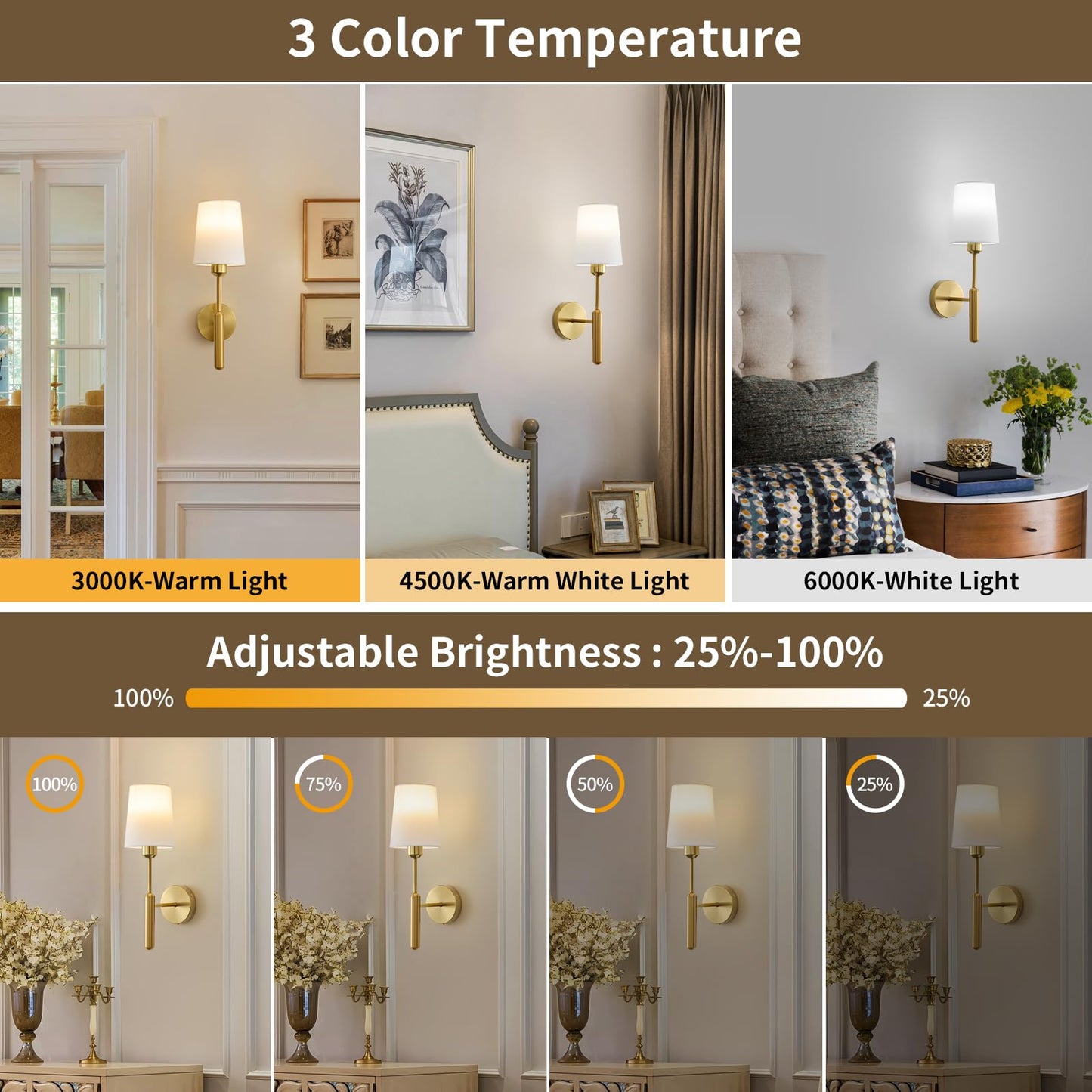 Powfloven Gold Wireless Battery Operated Wall Sconce Set of 2, Cordless Battery Powered Wall Lights with Remote, Dimmable Rechargeable Wall Lamp Decor in Door for Bedroom Living Room, 5000mAH