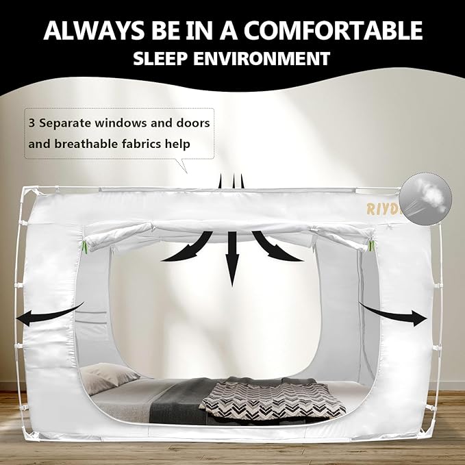 Bed Tent - Rectangular, Modern Style, White, 75"W x 54"L, 80% Blackout, 3 Doors, Breathable, Easy to Install