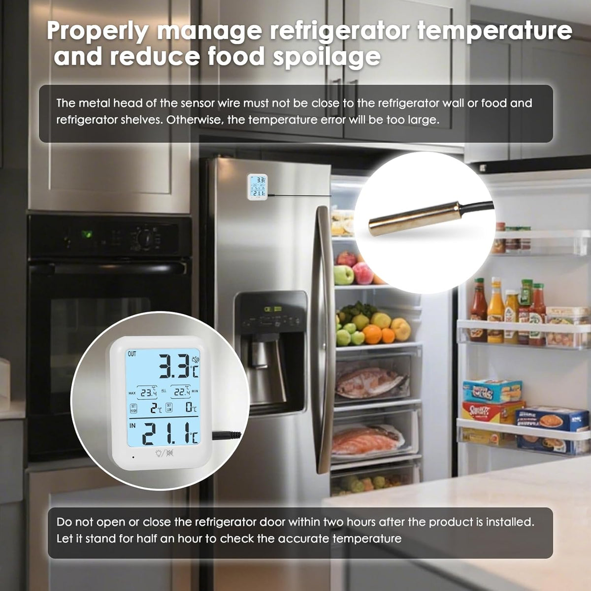 Digital Freezer Thermometer Fridge Temperature with Alarm, Backlight, Magnet, Power On/Off, Max/Min Temperature for Home, Restaurants, RV, External Sensor, AAA Battery (1)