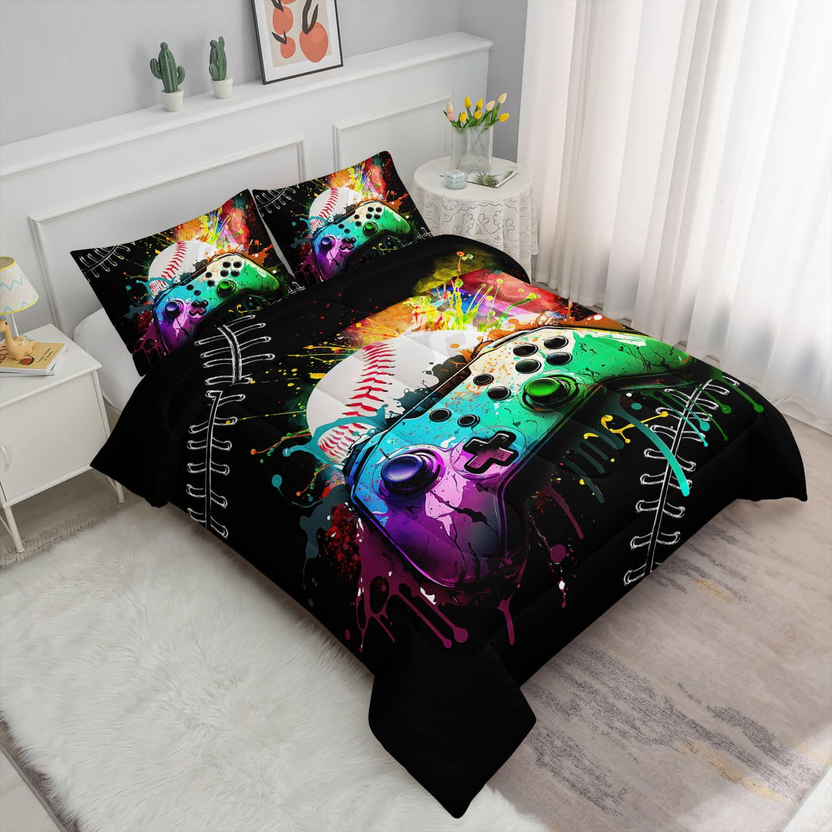 Smell Sunshine Kids Comforter Set Gamepad Baseball Printed Pattern Bedding Set with 1 Comforter and 2 Pillowcases for Girls Boys Bedroom All Season(Gamepad Baseball Twin)