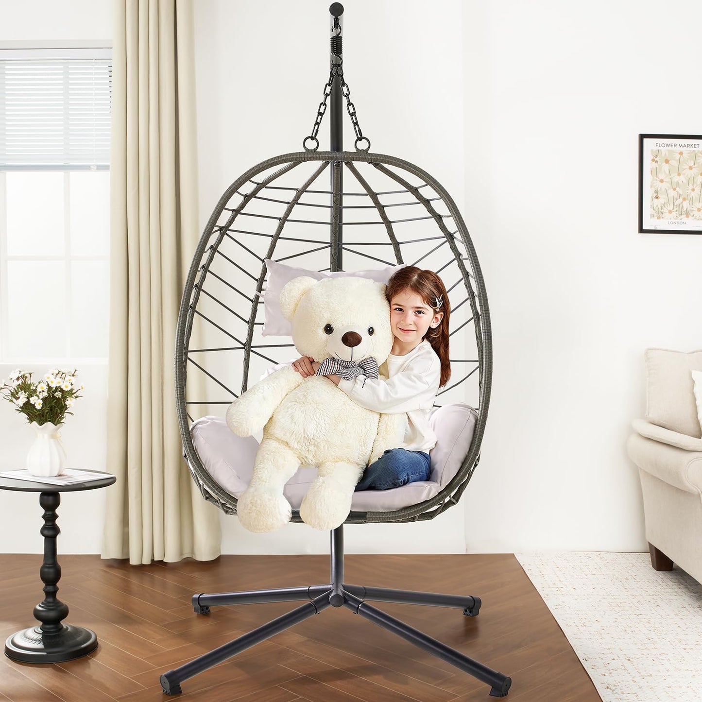 ONBRILL Hanging Egg Chair with Stand, Outdoor Indoor Egg Swing Chair with Cushion Headrest, Rattan Wicker Egg Chair with Dual Chains, 350LBS Capacity for Patio, Porch, Balcony, Bedroom (Khaki)
