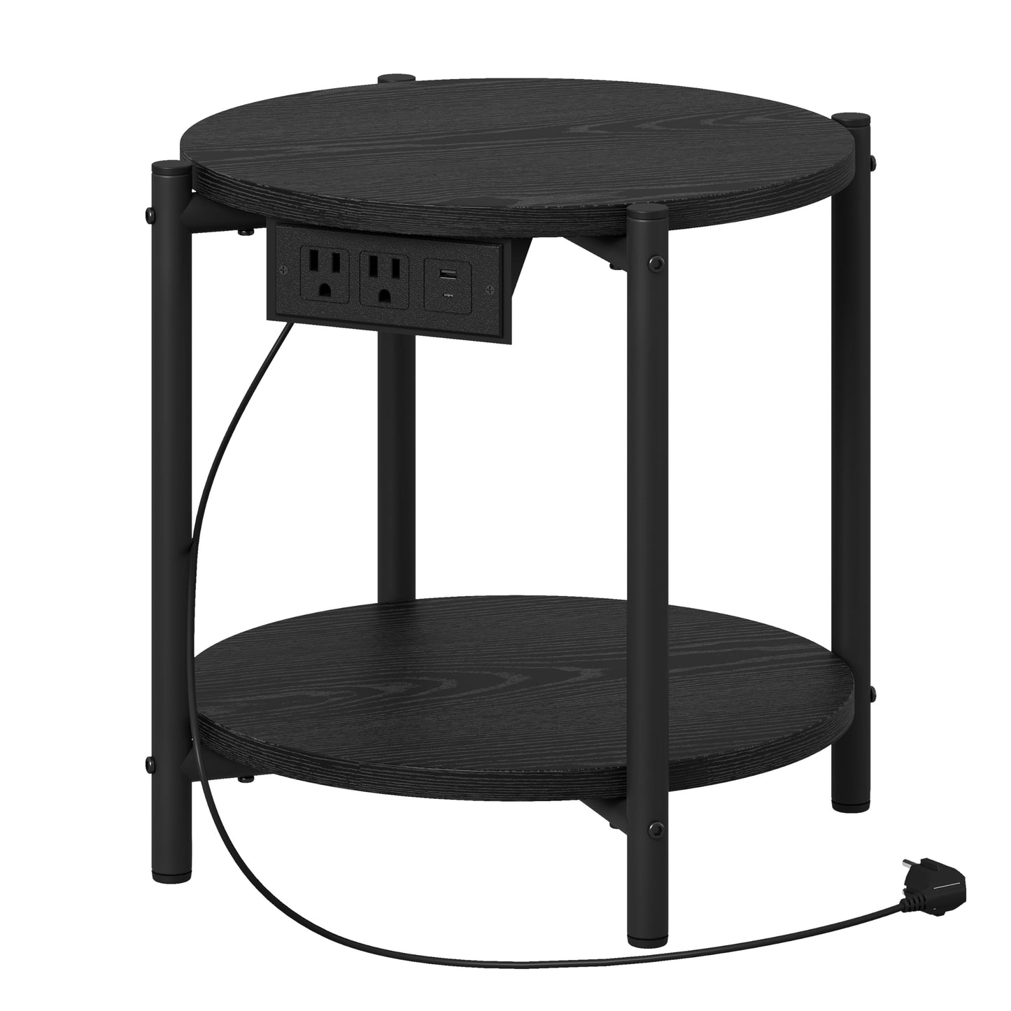 LIKIMIO Round Side Table with Charging Station, 2-Tier Wooden End Table with Lower Shelf, 15.8" W Modern Wooden Nightstand for Small Spaces, Living Room, Bedroom, Black