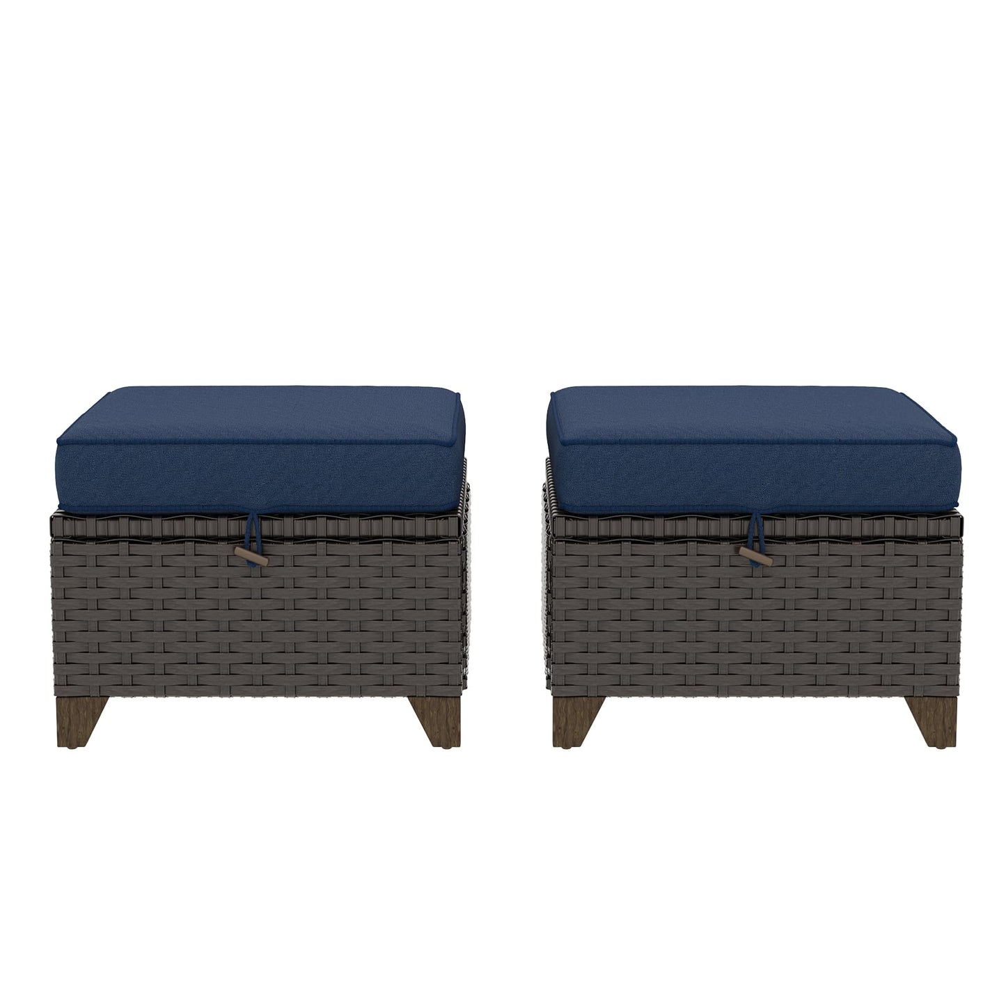 MeetLeisure 2 Pieces Patio Outdoor Ottomans with Removable and Washable Covers，PE Rattan Wicker Footstools for Porch, Garden, Sunroom (Navy Blue)