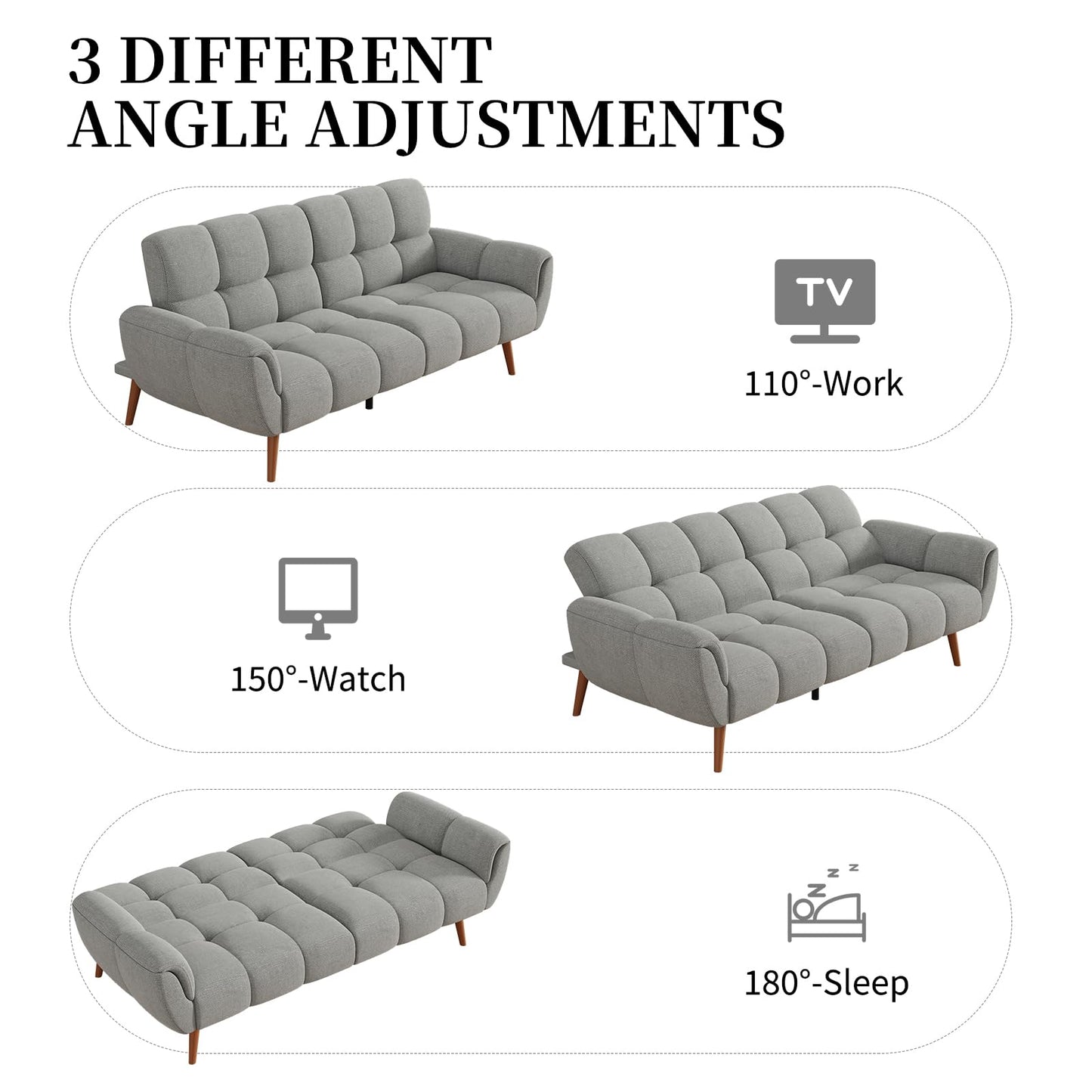 saows Futon Sofa Bed, Convertible 77" Modern Linen Futon Couch, Comfy Sleeper Sofa with Adjustable Backrests, Couch Bed for Small Spaces, Living Room, Bedroom, Apartment, Gray